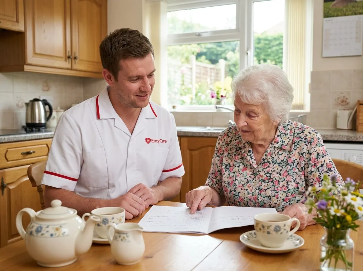 European carer in white Ency Care uniform discussing a person-centred care plan with a client