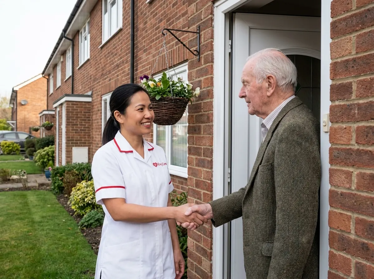Asian carer in white Ency Care uniform greeting an elderly man at his front door in Hertfordshire