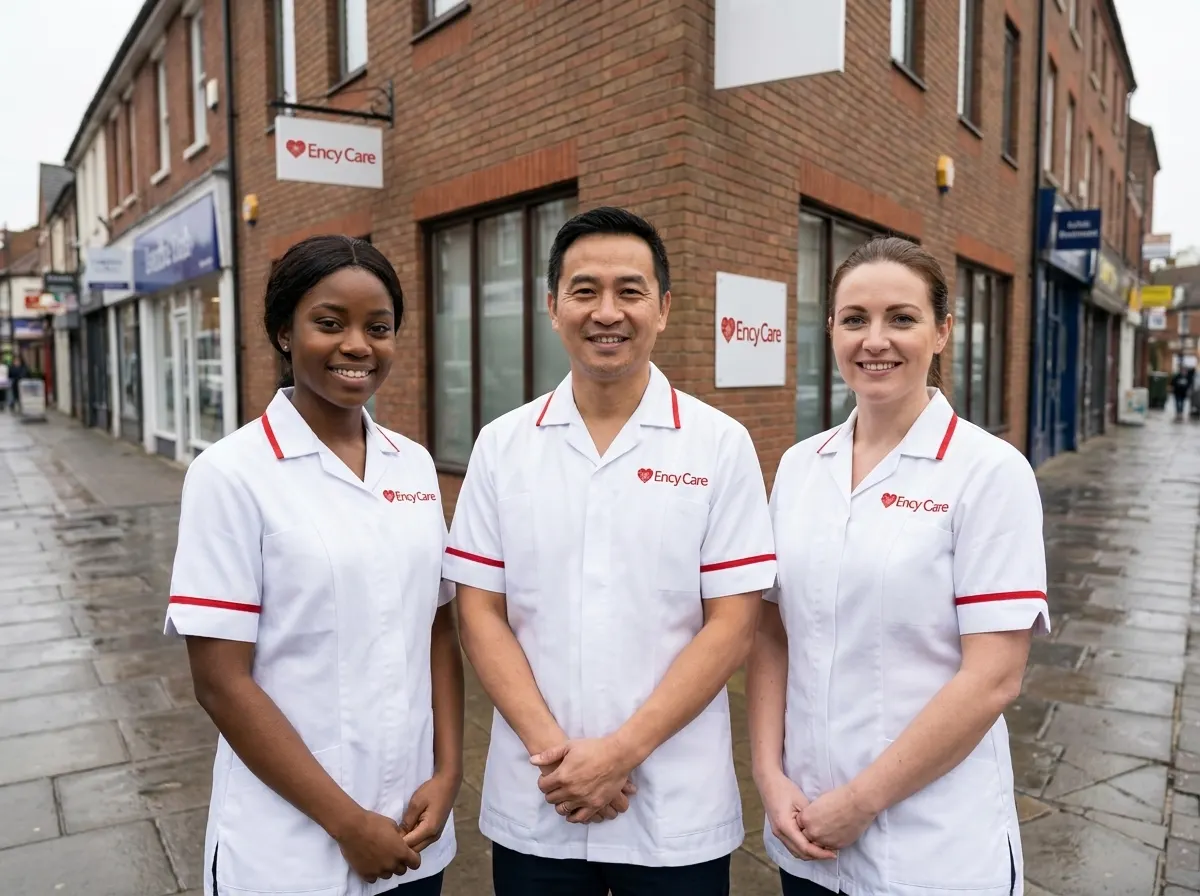 Diverse team of Ency Care carers in red uniforms outside the Hoddesdon office