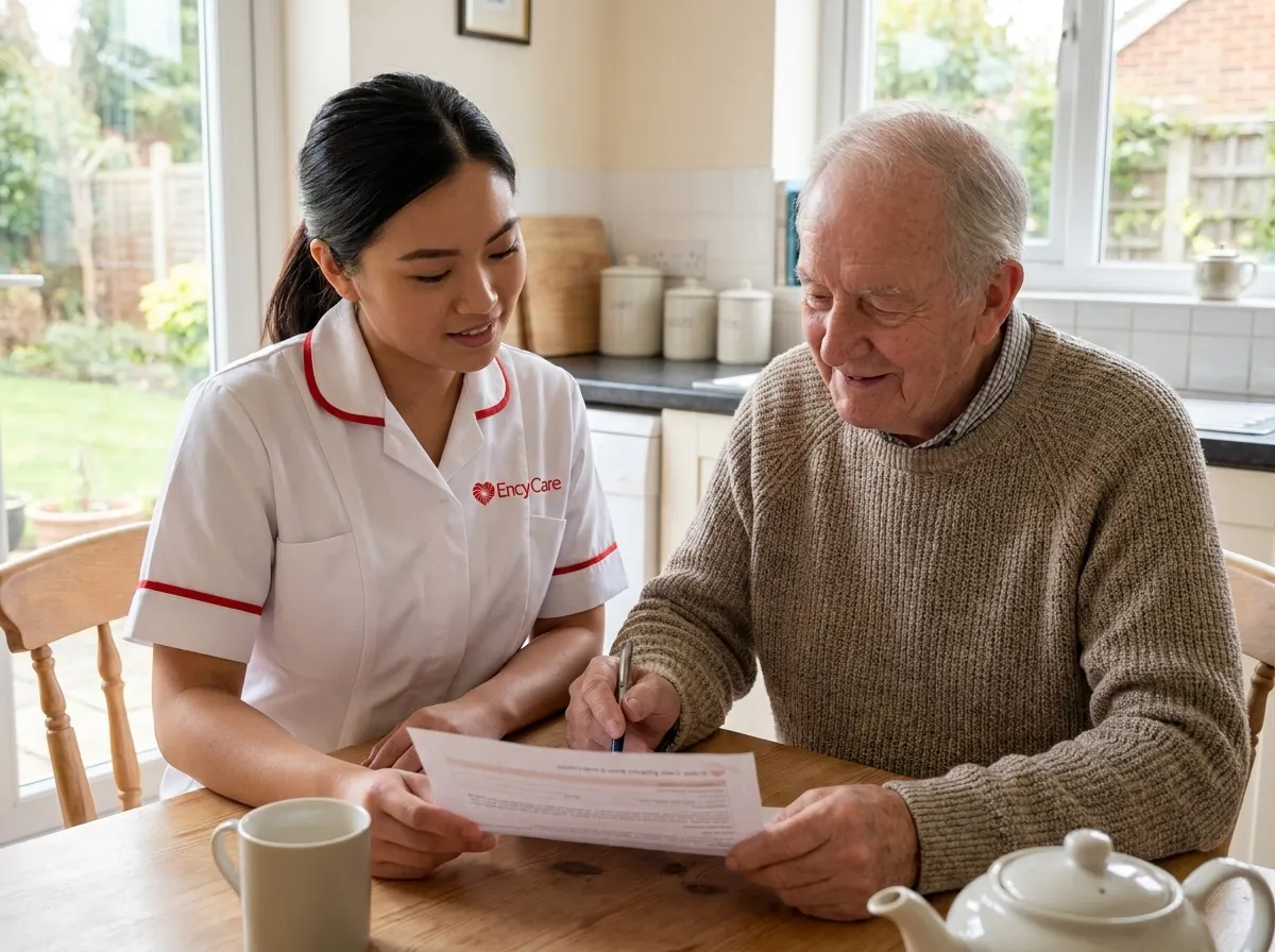 Asian carer in white Ency Care uniform reviewing a care plan with a client at home