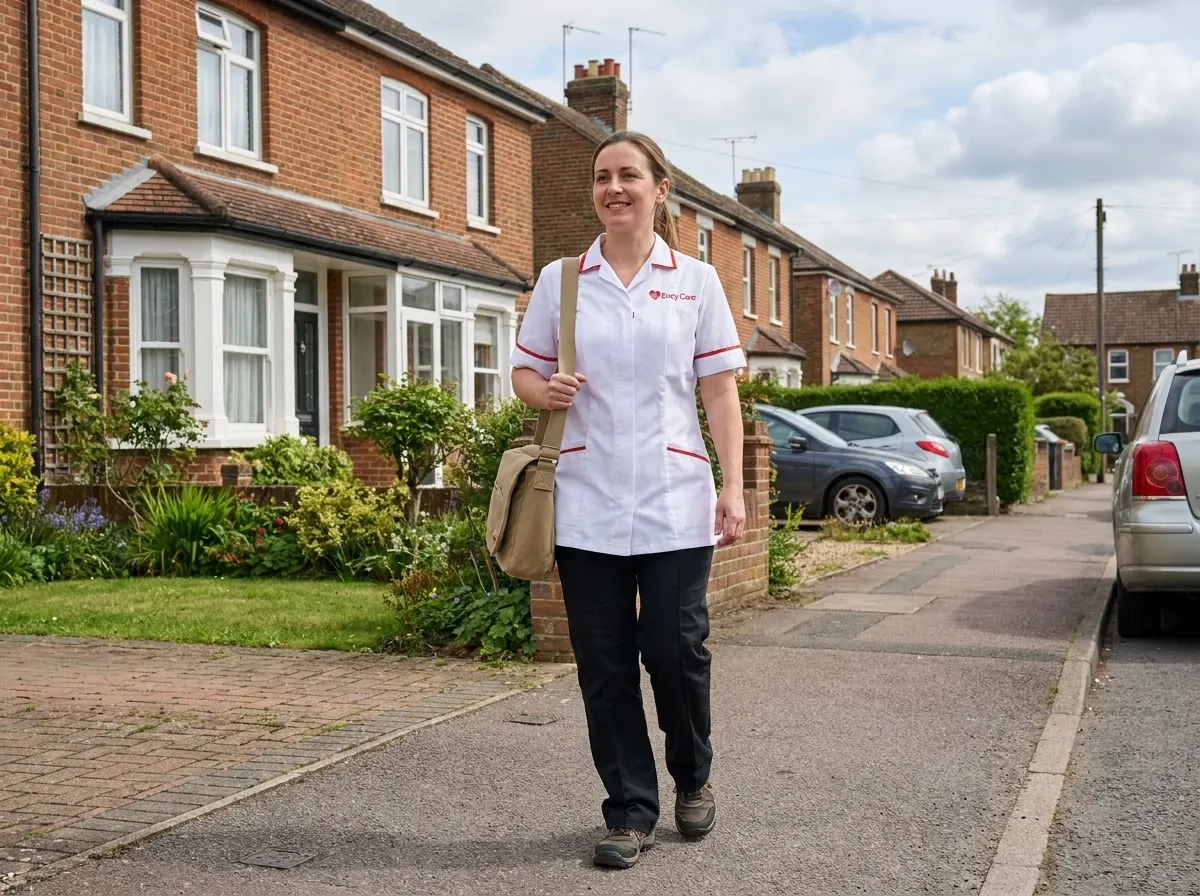 European carer in white Ency Care uniform walking through a Hertfordshire residential street
