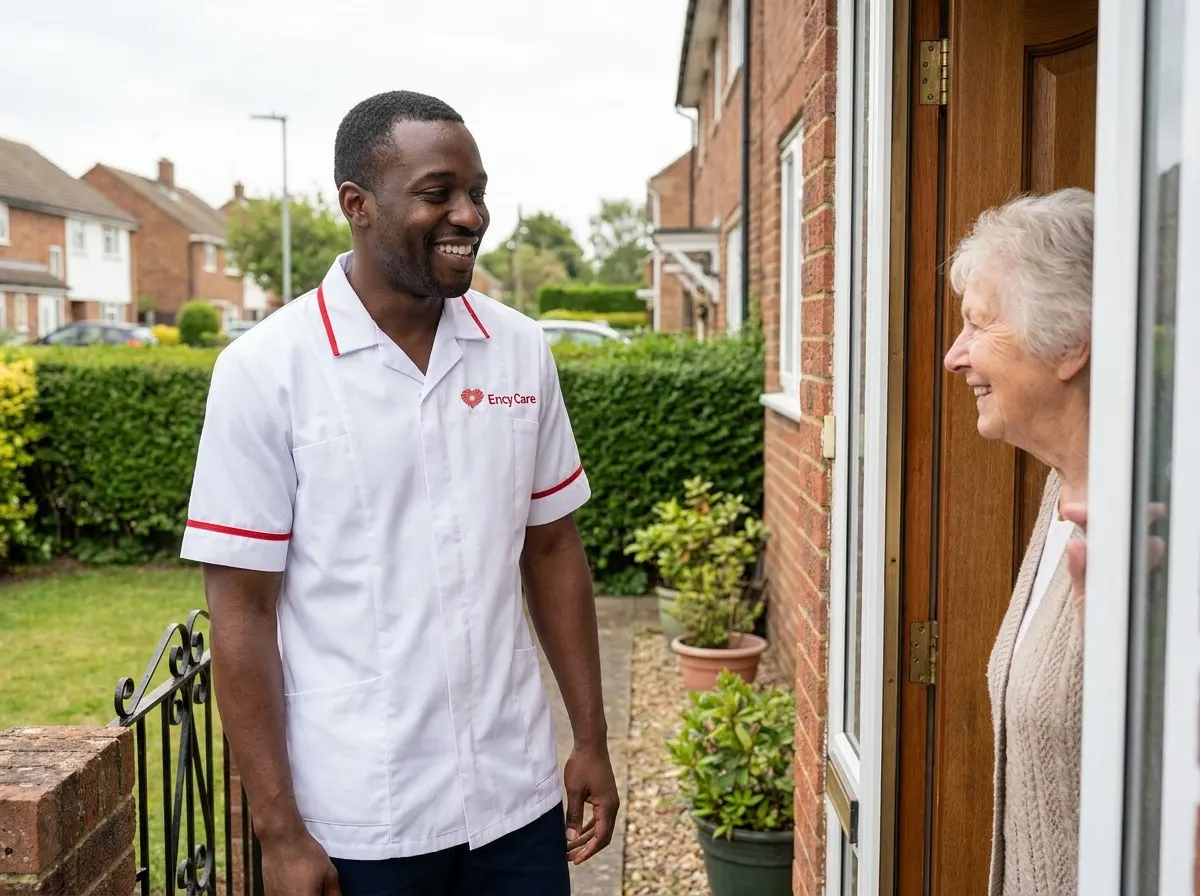 African carer in white Ency Care uniform arriving for a home care visit in Hoddesdon
