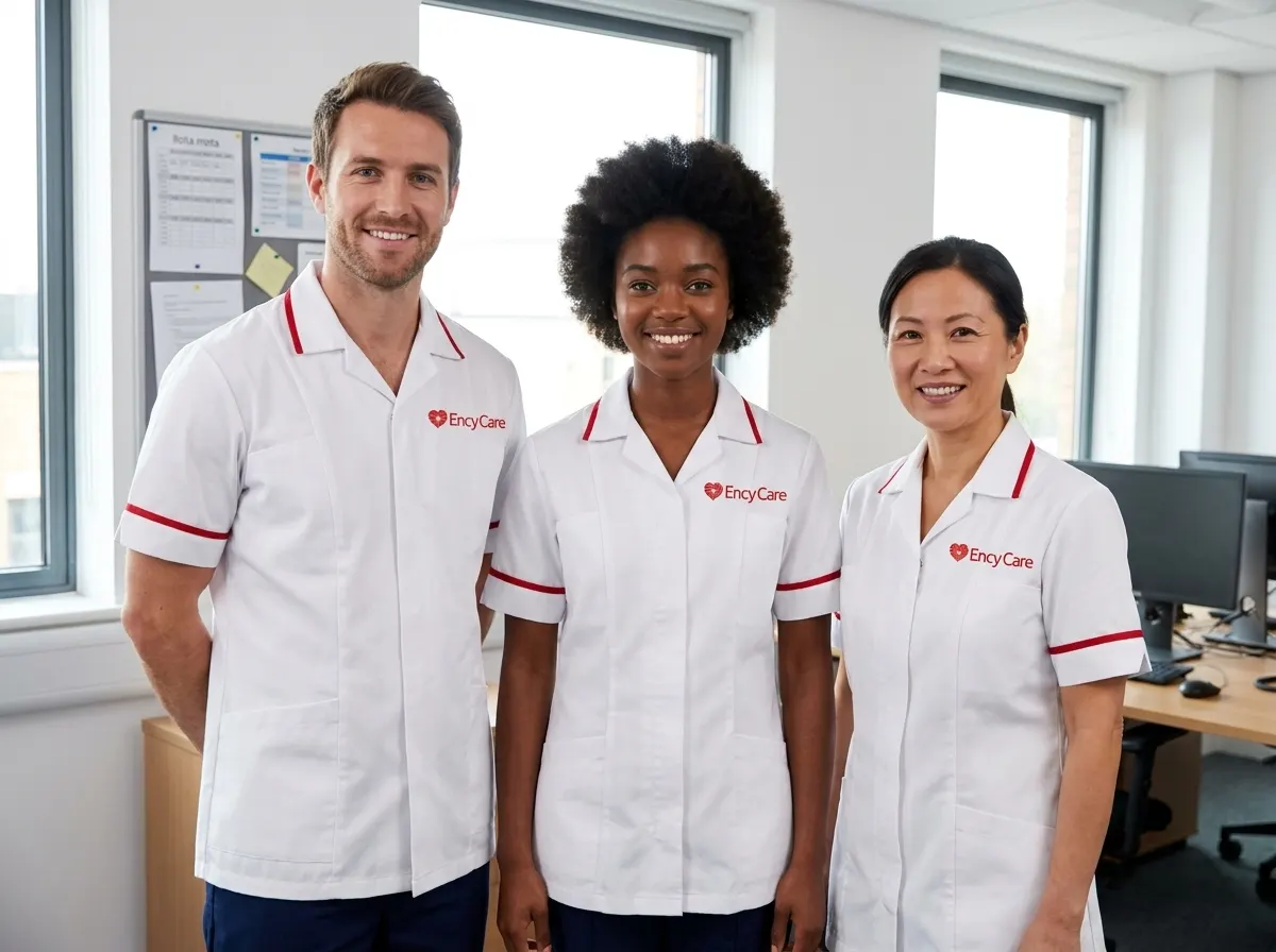 Diverse team of Ency Care carers in red uniforms in the Hoddesdon office