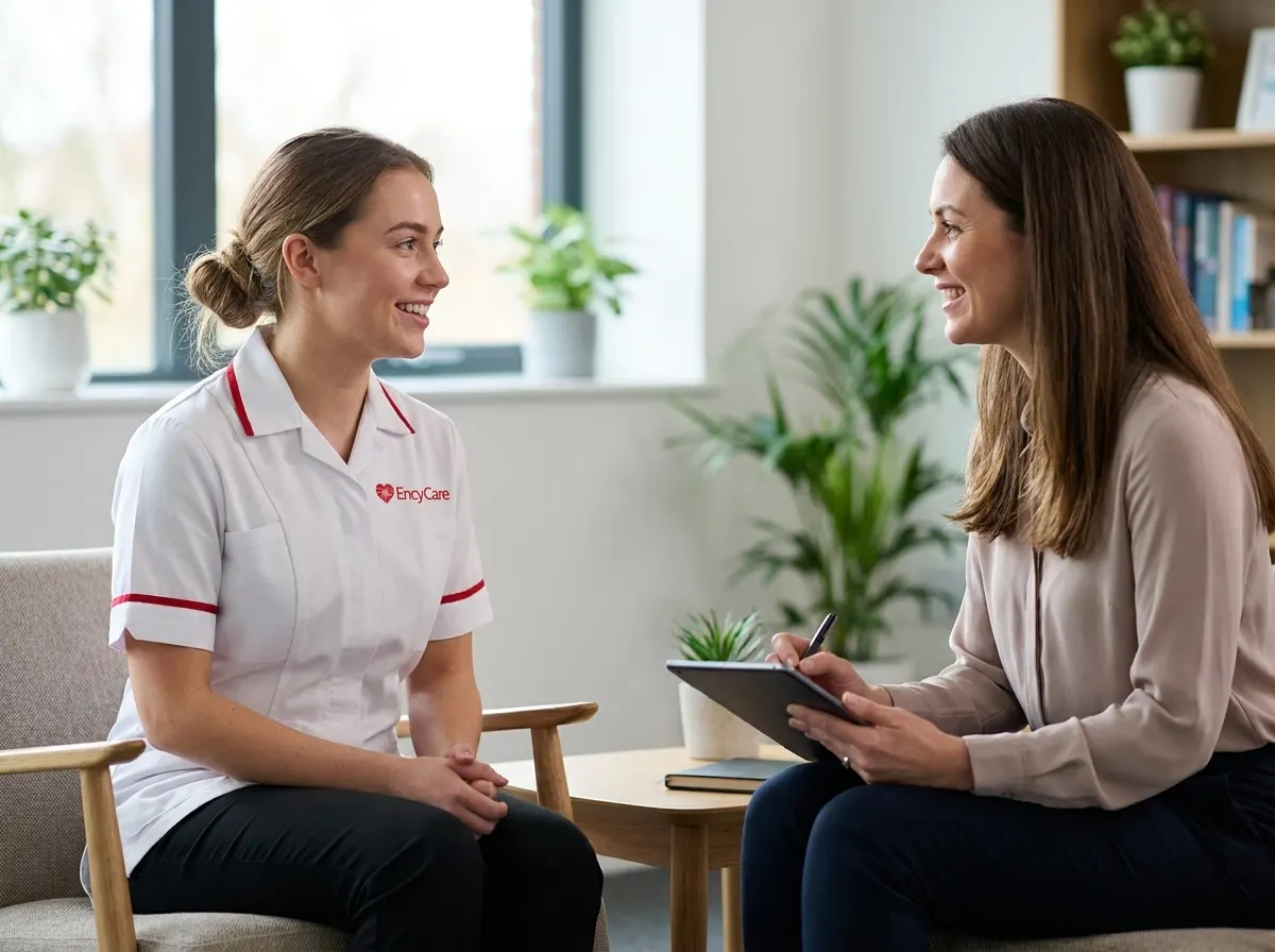 European carer in white Ency Care uniform during a friendly recruitment interview