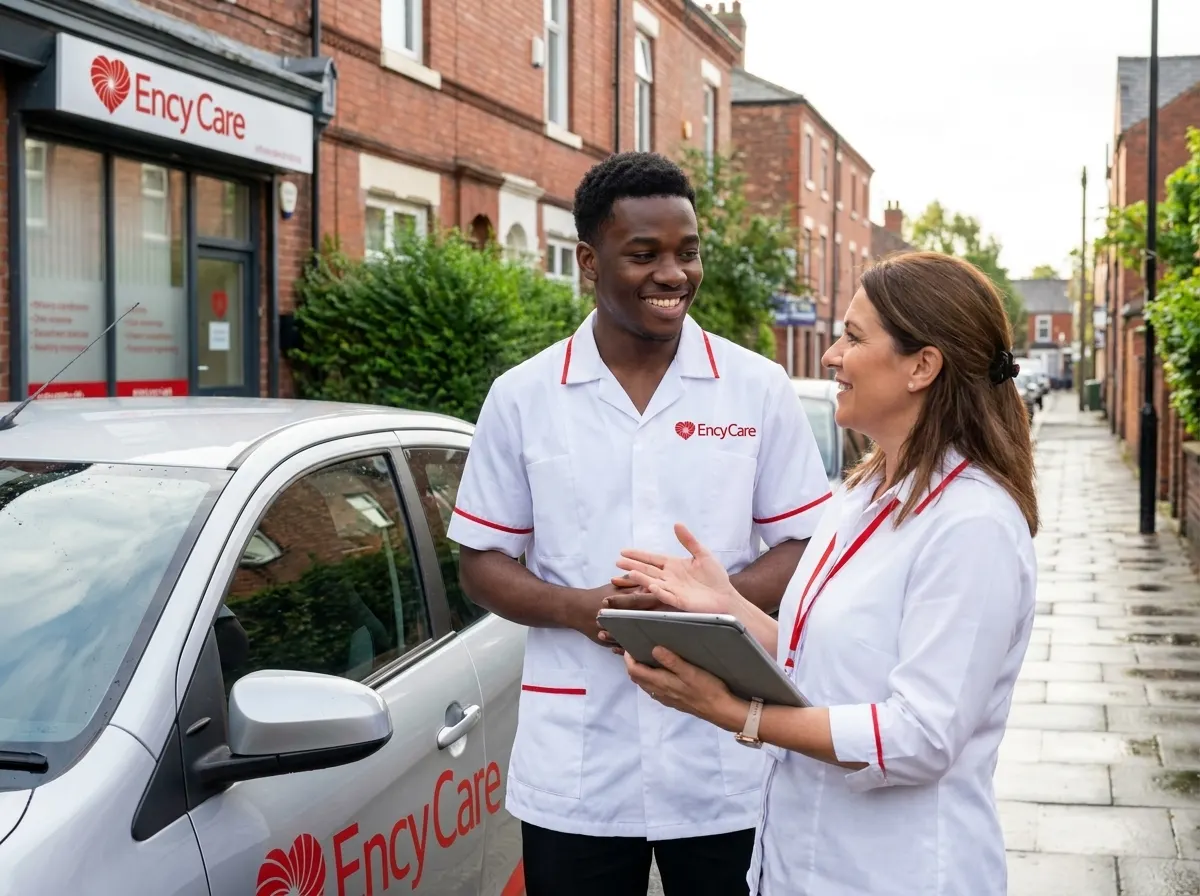 African carer in white Ency Care uniform receiving a shift briefing outside the office