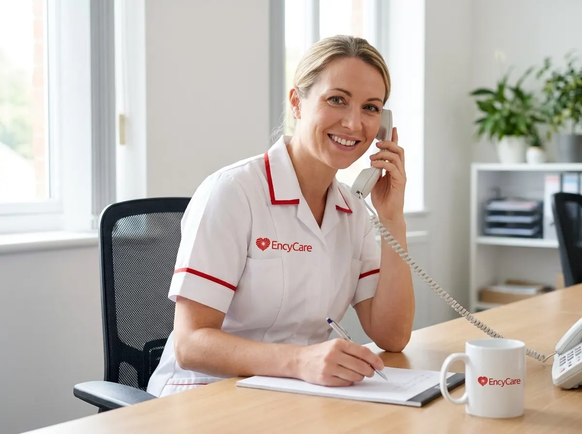 European carer in white Ency Care uniform answering a call in the Hoddesdon office