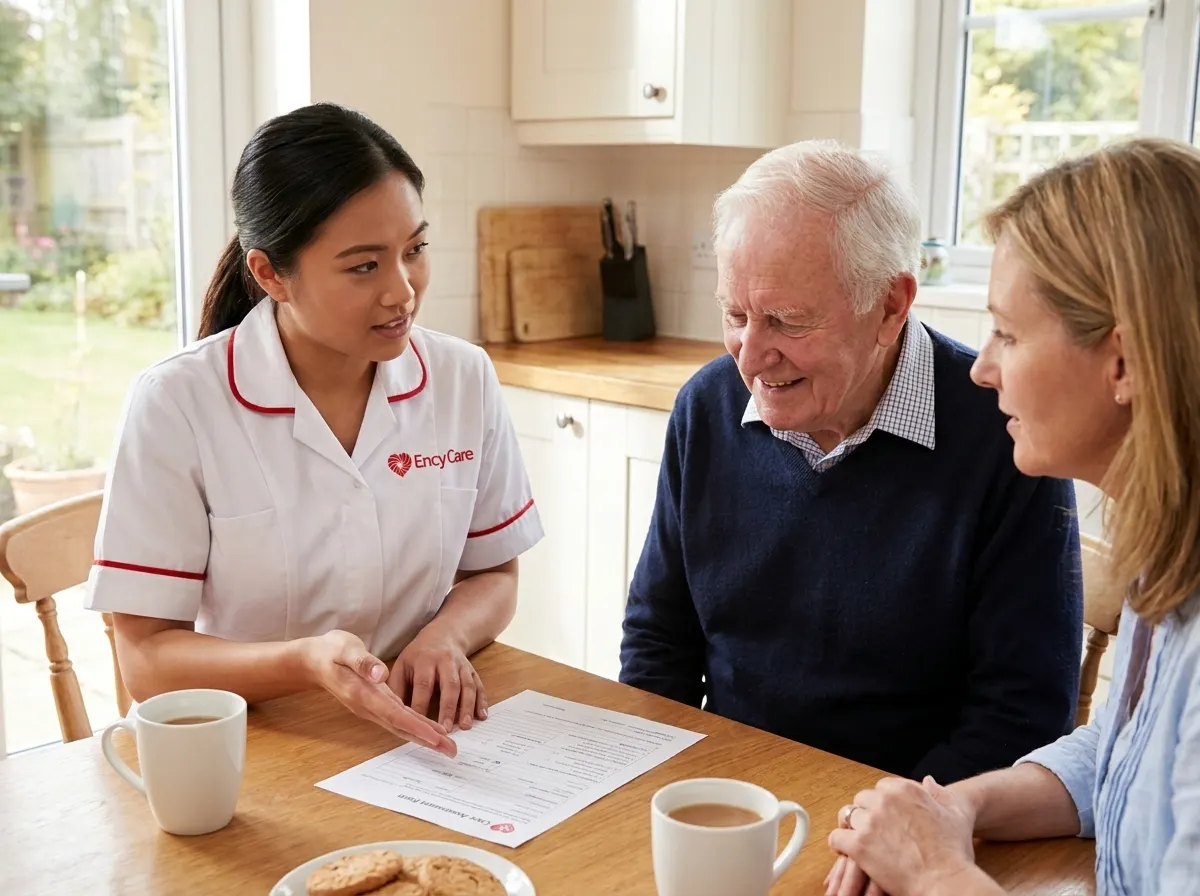 Asian carer in white Ency Care uniform completing a home care assessment with a family