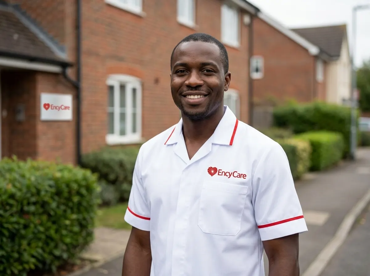 African carer in white Ency Care uniform standing outside the Ency Care office in Hoddesdon