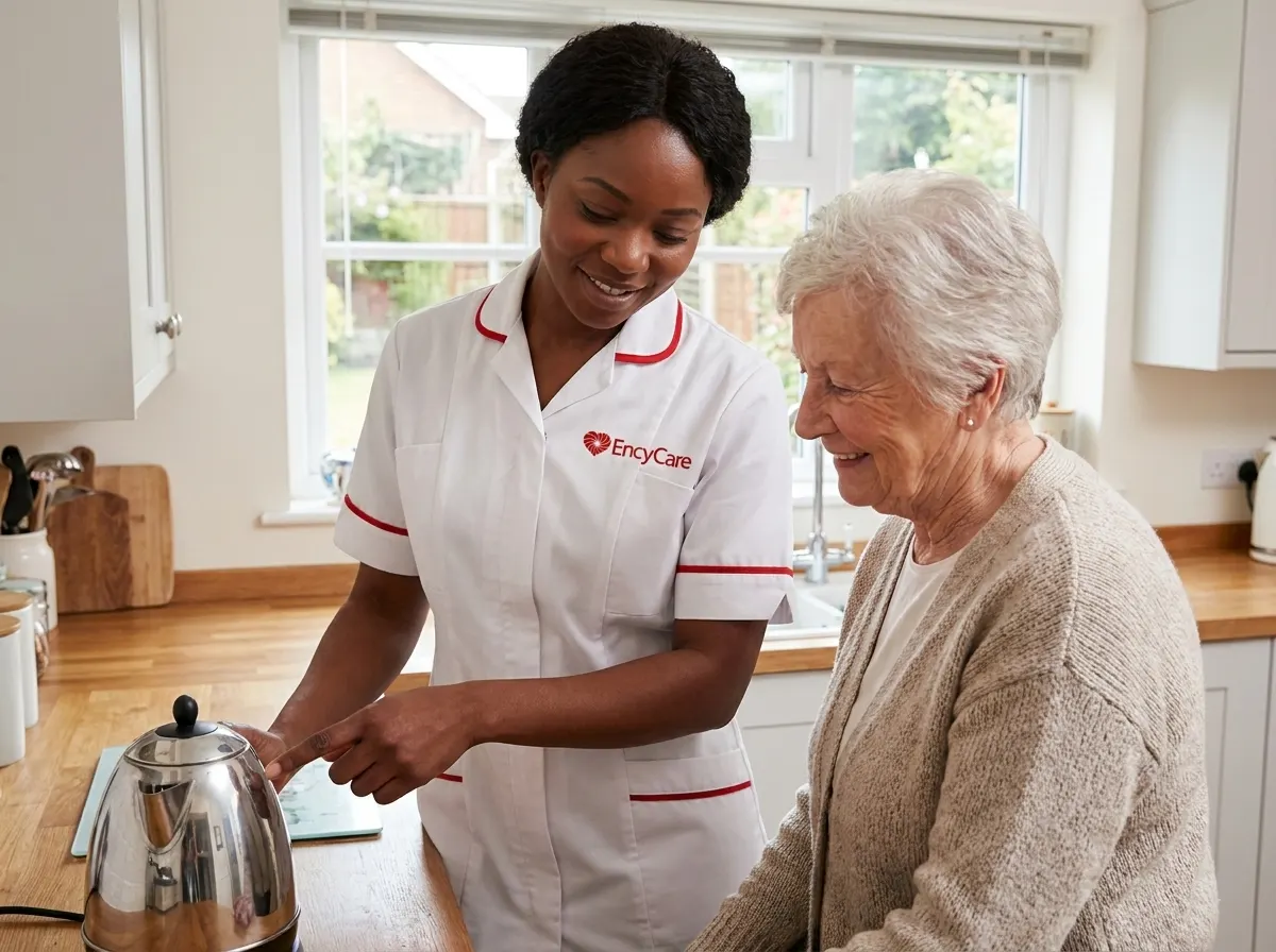 African carer in white Ency Care uniform gently supporting a dementia client with a familiar routine