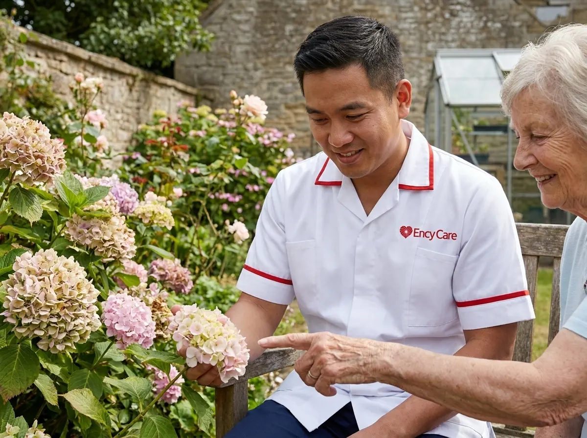 Asian carer in white Ency Care uniform spending calm, reassuring time with a dementia care client