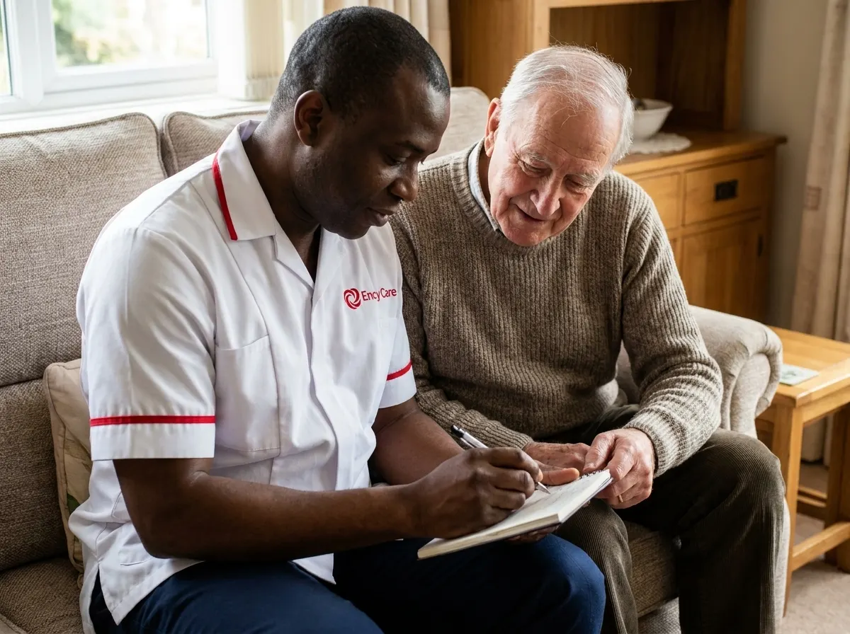 African carer in white Ency Care uniform reviewing a home care plan with an elderly client