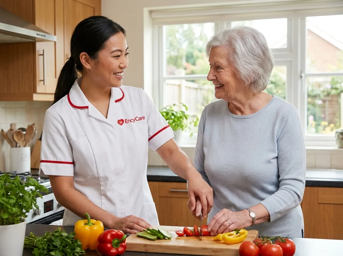 Asian carer in white Ency Care uniform preparing a meal with an elderly client during a home visit