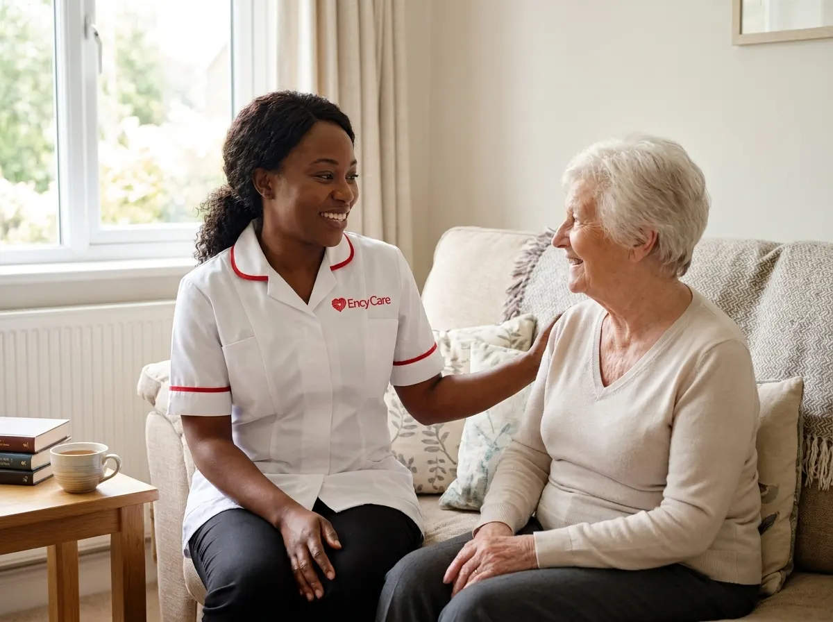 African carer in white Ency Care uniform supporting an elderly woman at home in Hoddesdon