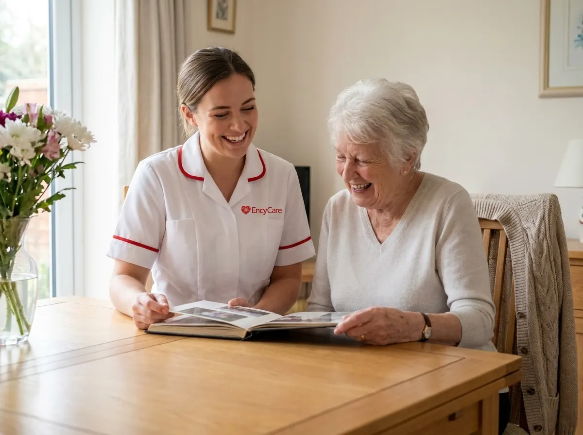 European carer in white Ency Care uniform sharing a companionship moment with an elderly client