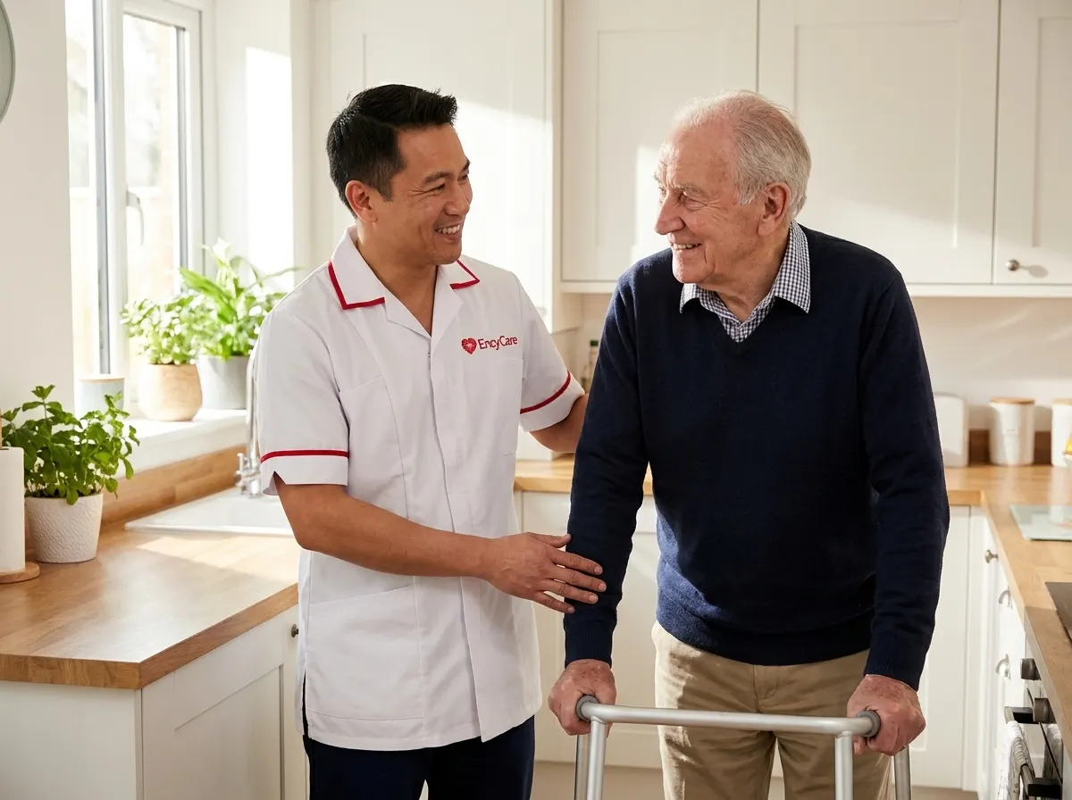 Asian carer in white Ency Care uniform helping an elderly man with mobility support at home