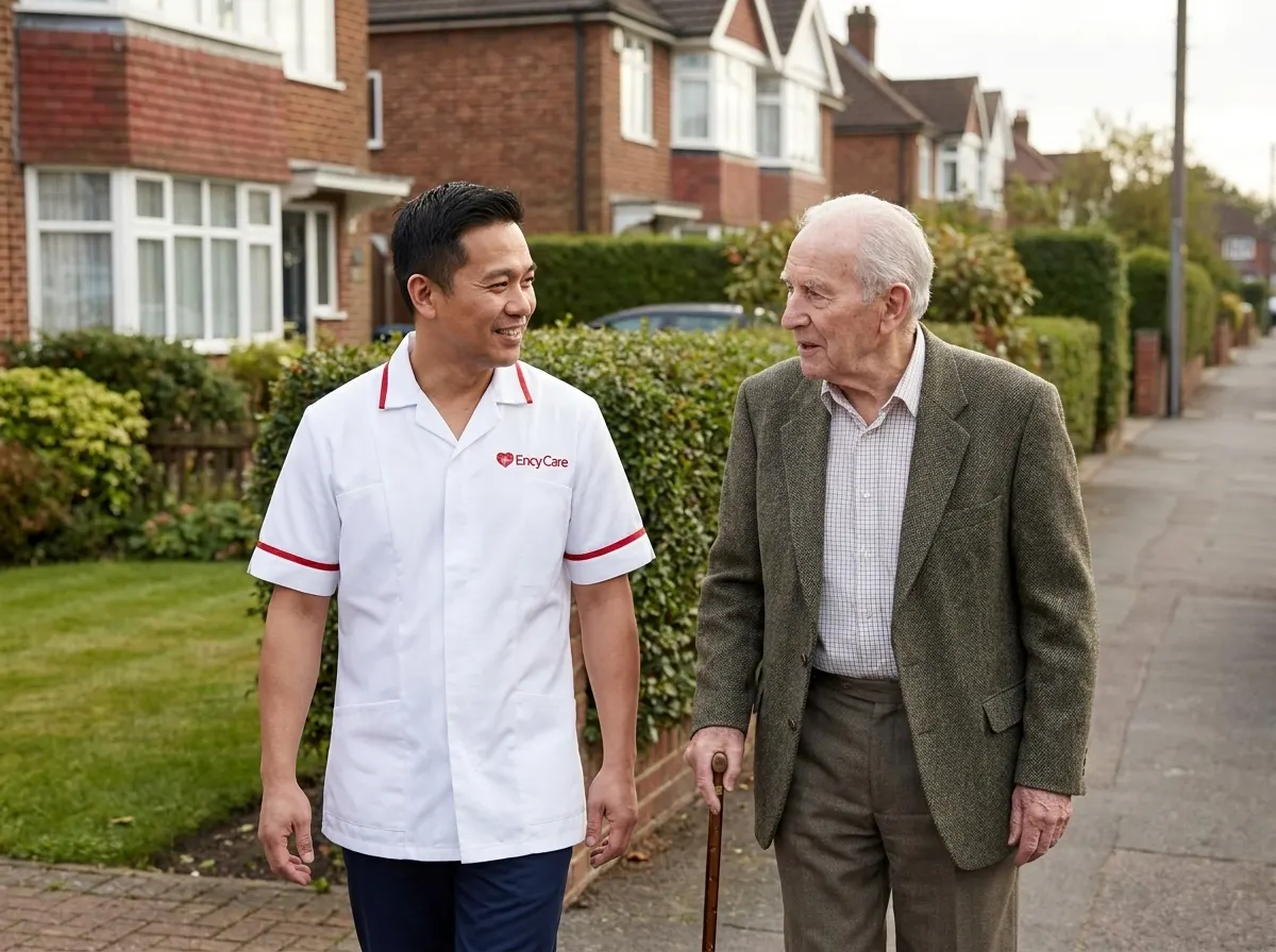 Asian carer in white Ency Care uniform accompanying a live-in care client on a walk near home