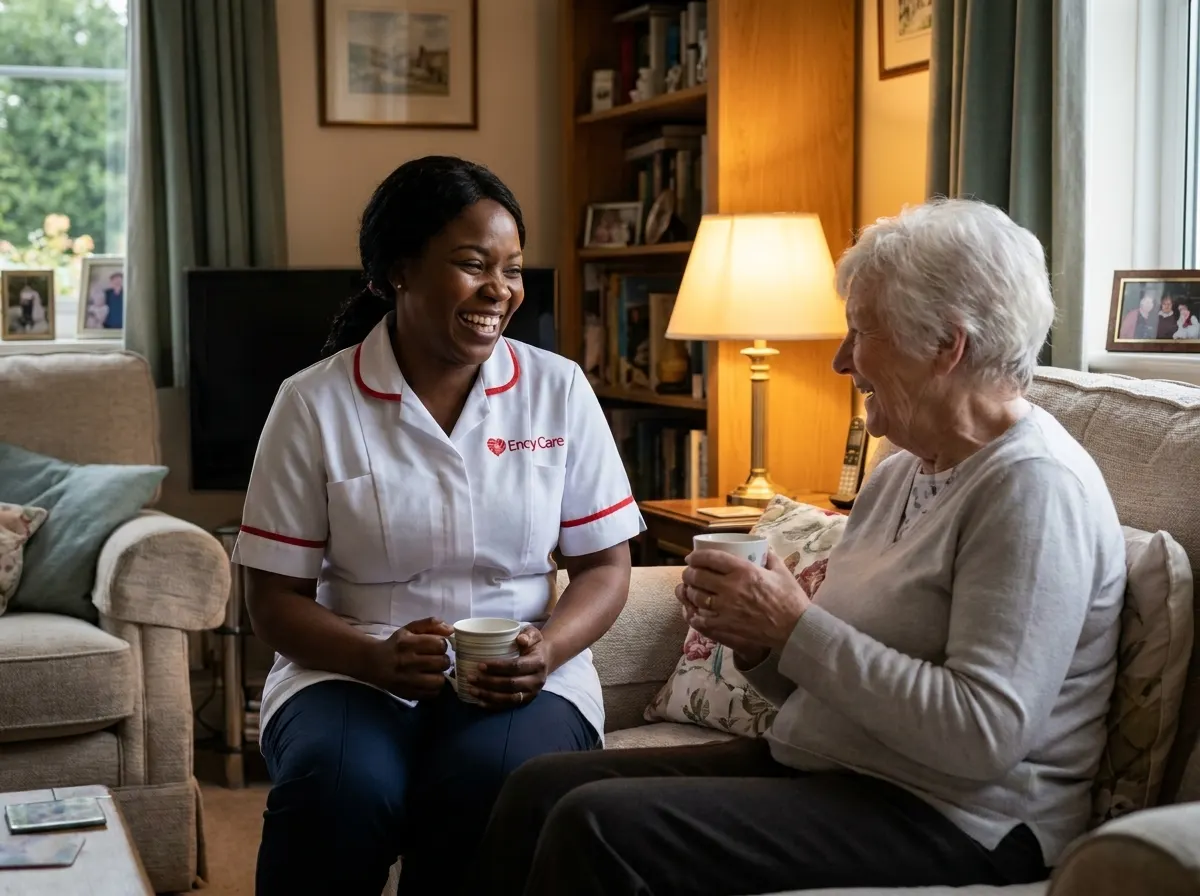 African carer in white Ency Care uniform sharing tea and conversation with a live-in care client