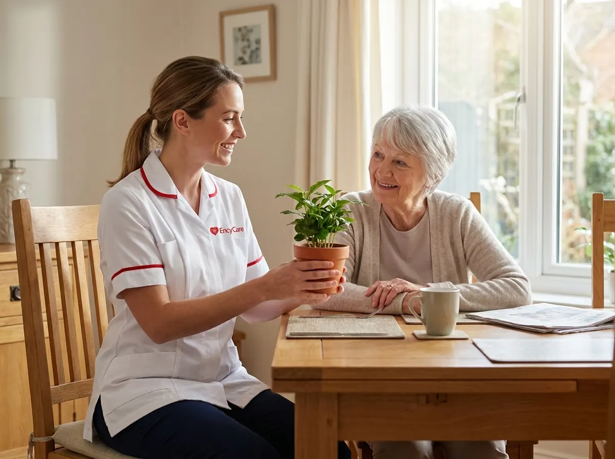 European carer in white Ency Care uniform sharing a quiet moment with a live-in care client at home