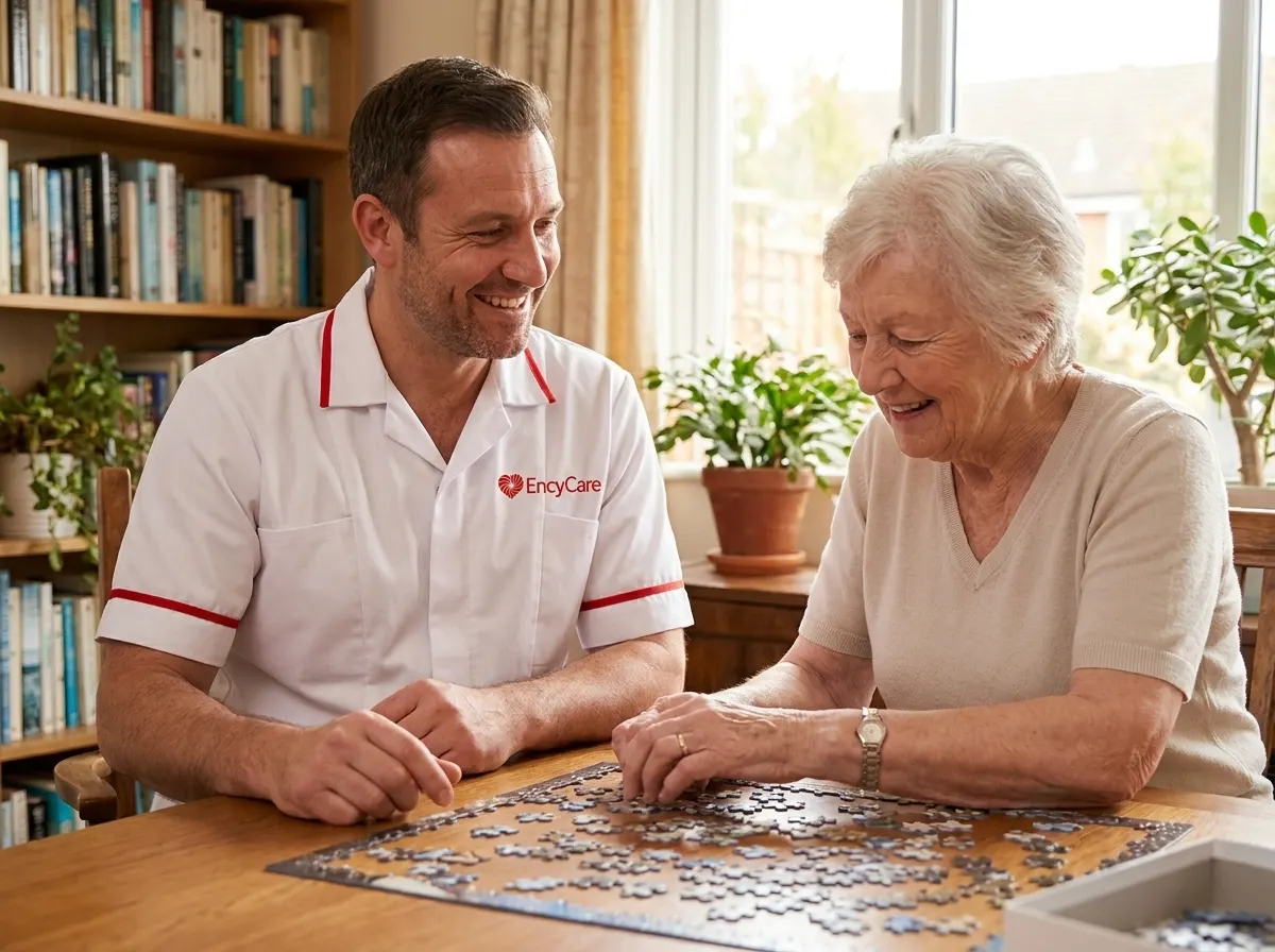 European carer in white Ency Care uniform spending time with a respite care client at home