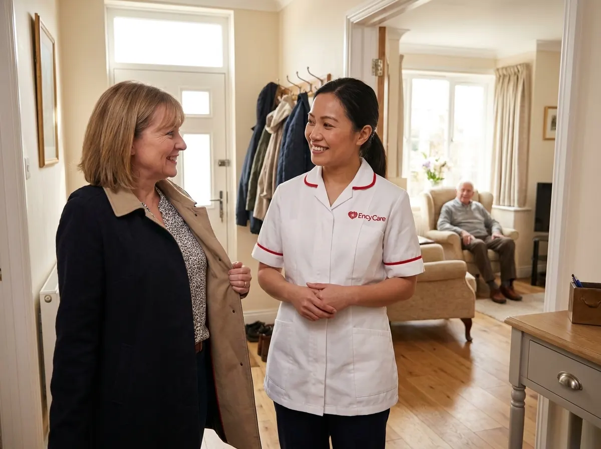 Asian carer in white Ency Care uniform arriving for a respite care handover at a family home