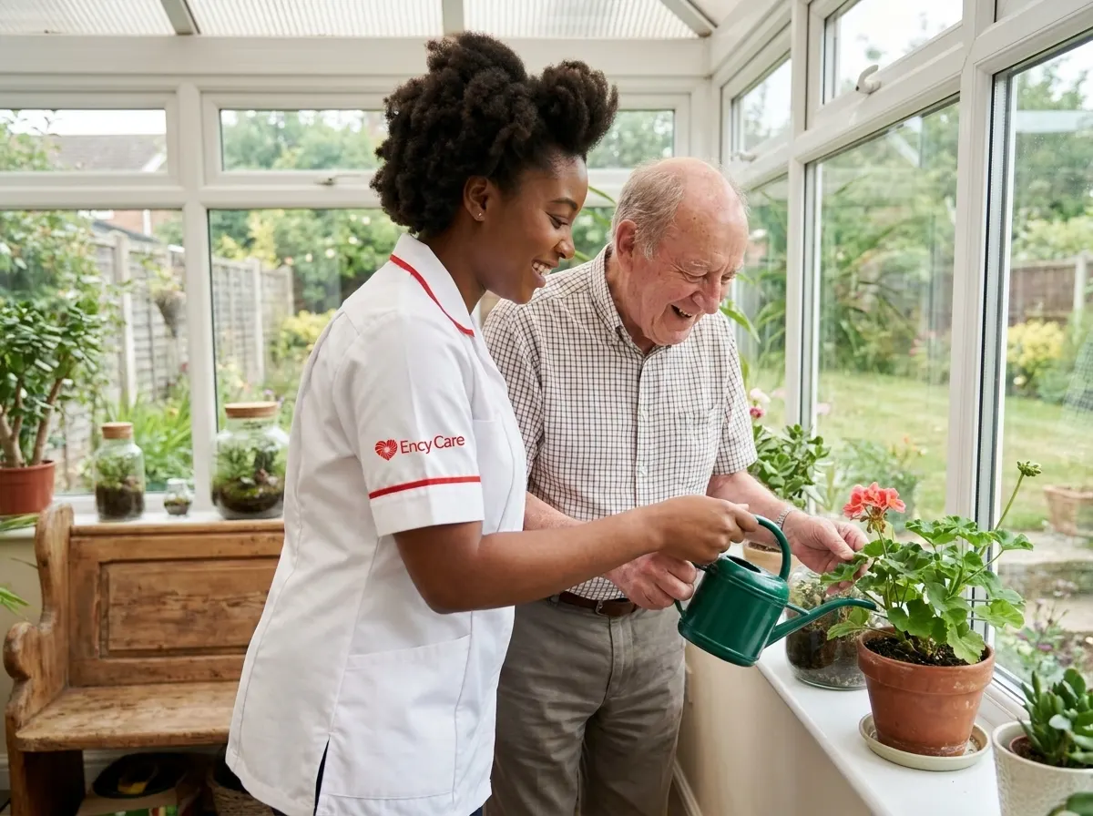 African carer in white Ency Care uniform helping a respite care client with a garden watering routine