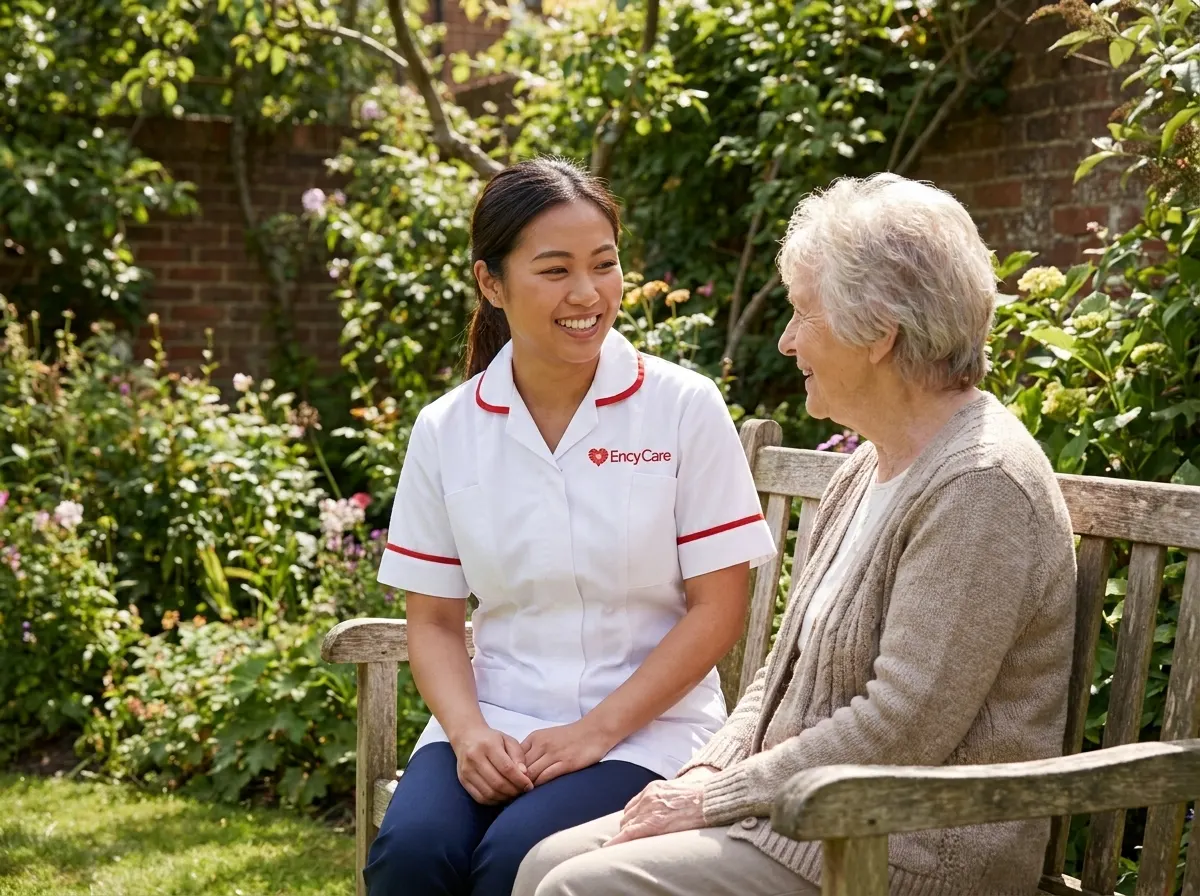 Asian carer in white Ency Care uniform spending time with an elderly client in the garden