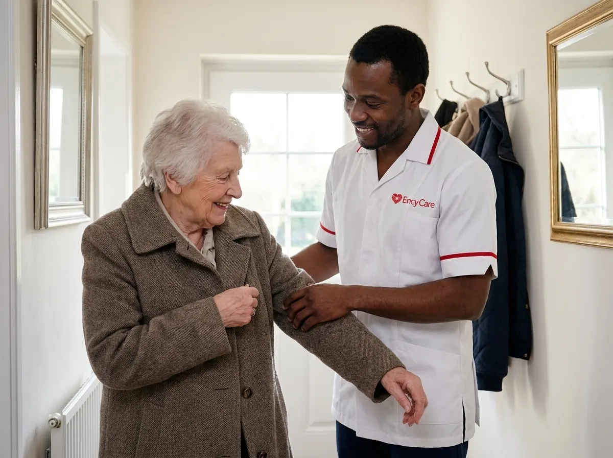 African carer in white Ency Care uniform helping an elderly woman get ready to go out