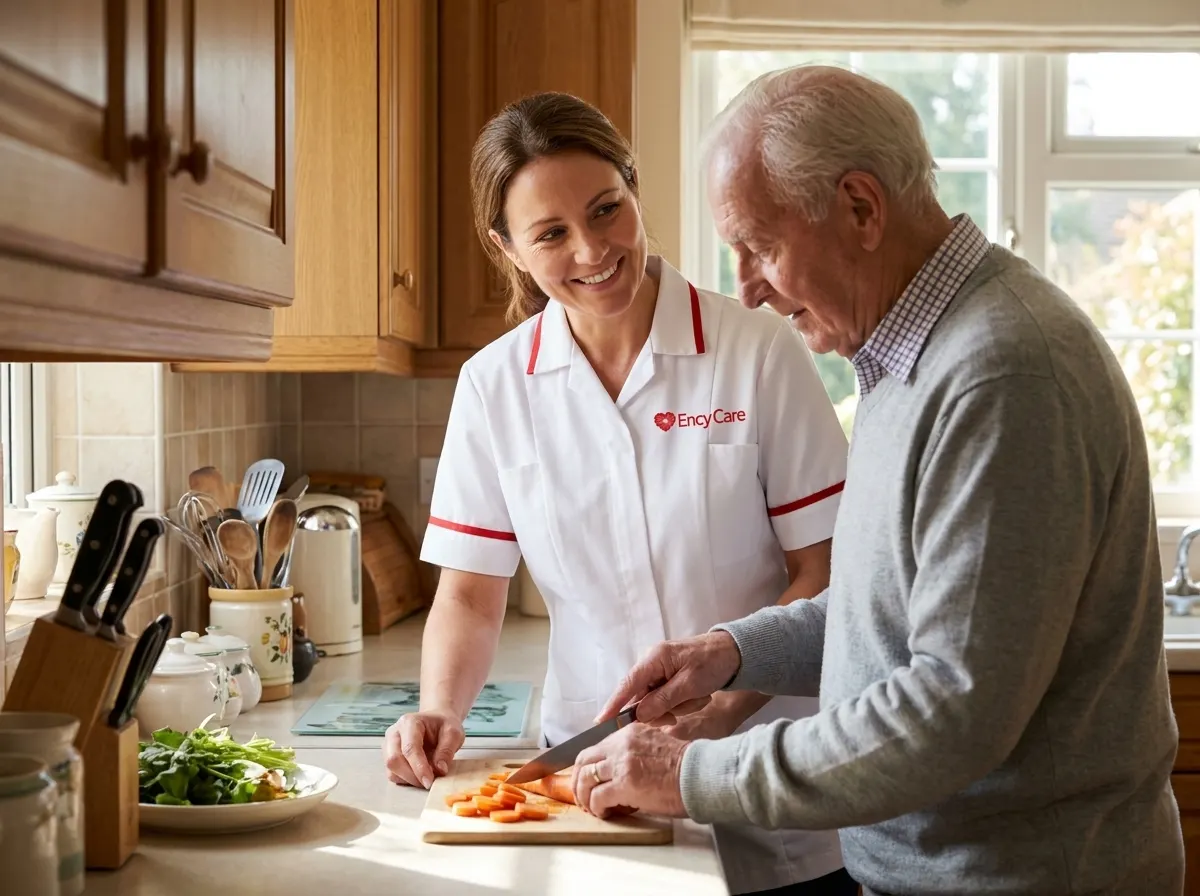 European carer in white Ency Care uniform preparing a meal with an elderly client at home