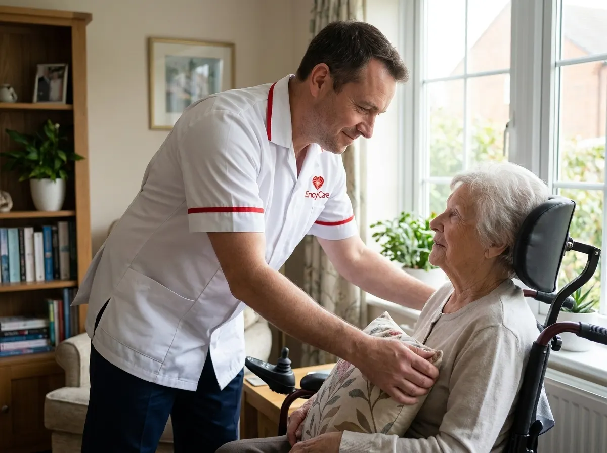 European carer in white Ency Care uniform providing attentive specialist support at home