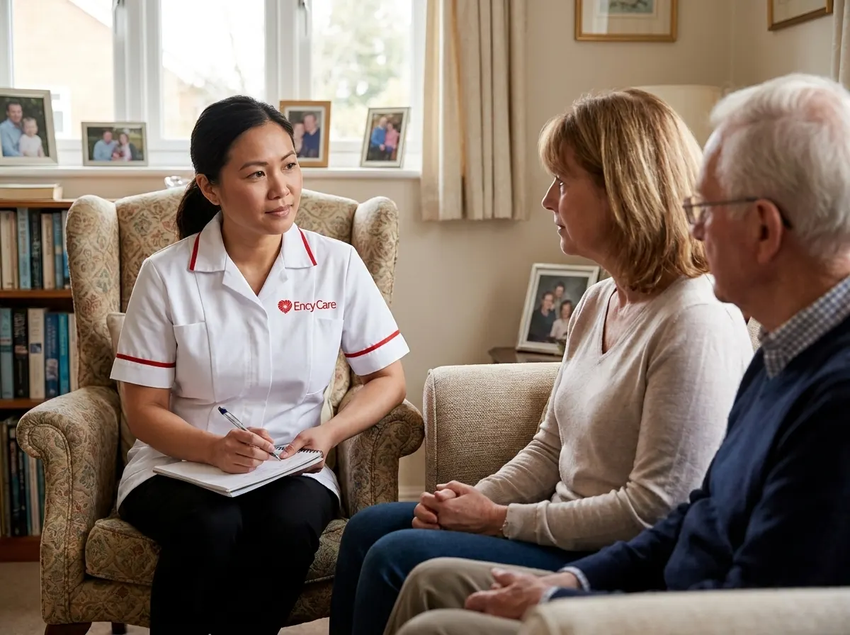 Asian carer in white Ency Care uniform listening carefully during a specialist care planning conversation