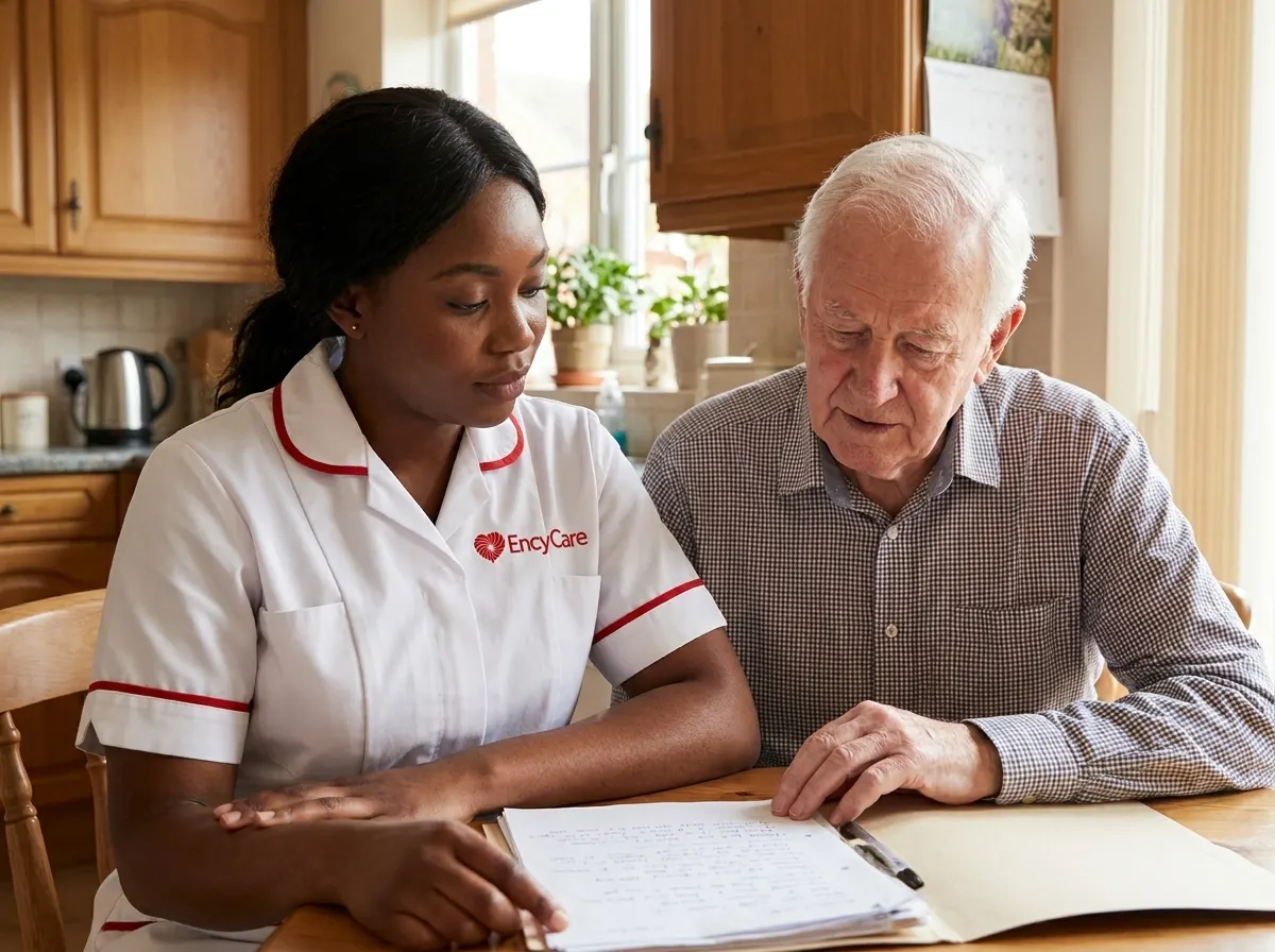 African carer in white Ency Care uniform reviewing a personalised specialist care plan with a client